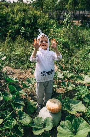 Little Boy in Halloween ghost costume. Garden.の写真素材