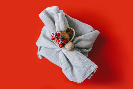 Zero waste Christmas, flat lay on red.の写真素材
