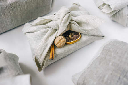 Zero waste Christmas, Furoshiki gifts from linen.の写真素材