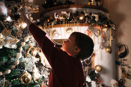 Boy stand near christmas tree, back light. Evening celebration atmosphere. New year and christmas concept.の写真素材
