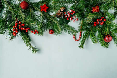 Christmas frame with fir branches and baubles.の写真素材