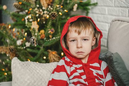 Sad little boy and Christmas tree, natural decor.の写真素材