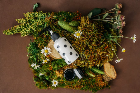 Cosmetics bottles with cream, sustainable design with moss.の写真素材