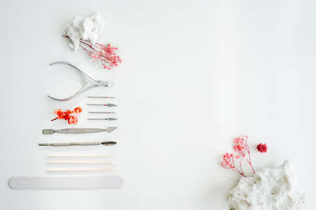 Tools of manicure set on white background.の写真素材