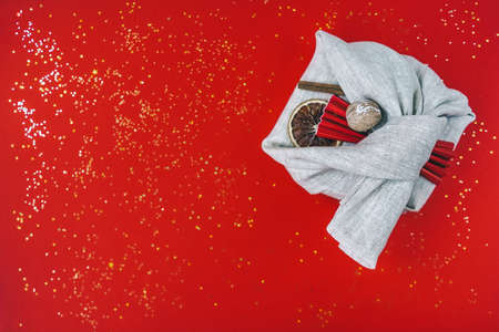 Zero waste Christmas, flat lay on red.の写真素材