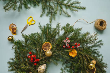 Christmas composition, handmade christmas wreath. Top view.の写真素材