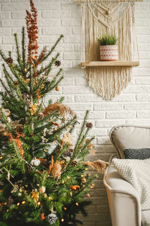 Beautiful holdiay decorated room with Christmas tree.の写真素材