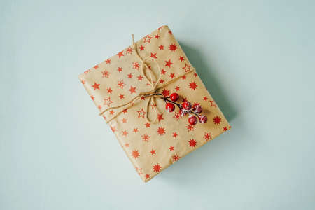 Present with red berry on blue background.の写真素材