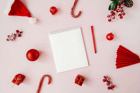 Blank notebook top view, christmas decoration around.の写真素材