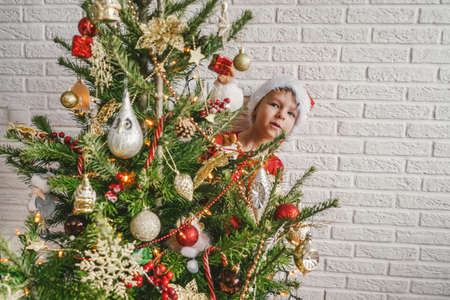 Little child with decorated Christmas tree, copy space.の写真素材