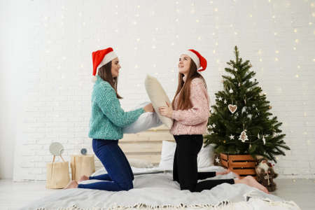 Two Young Women Having Fun, Pillow Fightの写真素材
