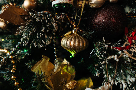 Decorated Christmas tree with balls, beads, baubles.の写真素材