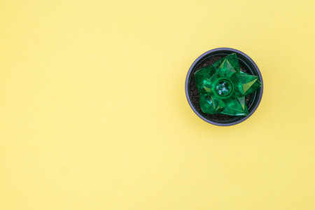 The concept of ecology. View from above on succulent similar plastic flower in pots on yellow.の写真素材