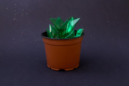 The concept of ecology. Front view on succulent similar plastic flower in pots on black.の写真素材