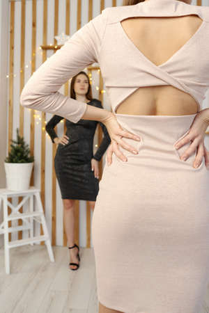 Two young women in glittering dresses, christmas decoration on background. Beautiful back in the foreground.の写真素材