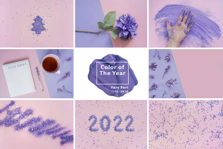 Collage from photos, purple violet trendy colors 2022.