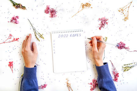 Top view 2022 goals lettering in notebook. Purple.の写真素材