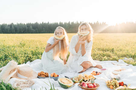 Mother and daughter on picnic in field.の写真素材