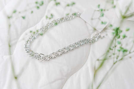 Imitation jewelry, silver bijouterie chain on white textile background. Blue dry little flowers.の写真素材