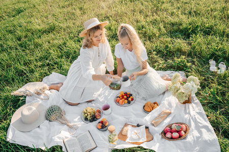 Mother and daughter on picnic in field. Fruits and tea on a blanket. White cloth, sunny day.の写真素材