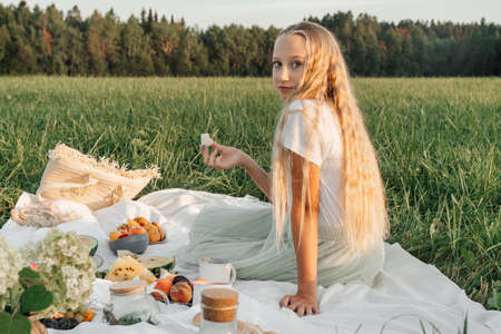 Rear view of girl with cup of tea on picnic in field. Fruits, cheese and tea on a blanket.の写真素材