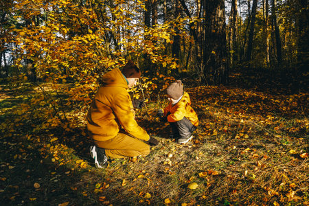 Father and son having fun in autumn forest. Sunny day.の写真素材