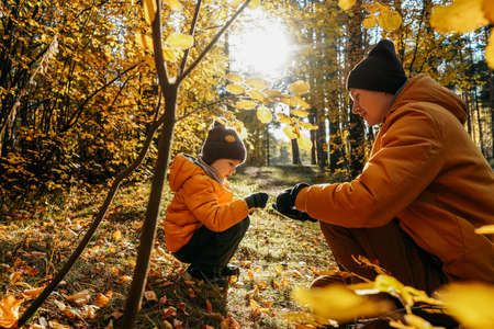 Father and son having fun in autumn forest. Shoot through yellow foliage. Profile view.の写真素材