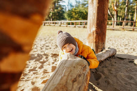 Happy boy have a fun on a wooden playground, autumn. Sunny day.の写真素材