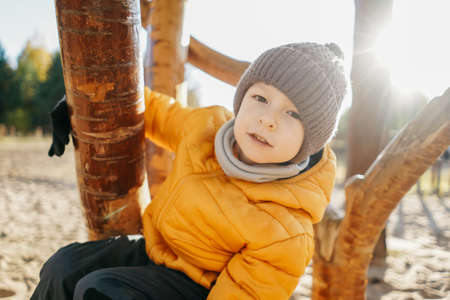 Happy boy have a fun on a wooden playground, autumn. Sunny day.の写真素材