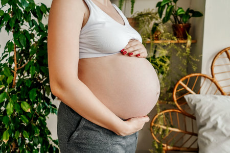 Pregnant woman holding her belly, copy space.