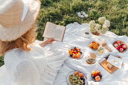 Woman read book on picnic in field.の写真素材