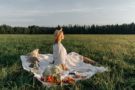 Woman in hat rear view, picnic in field.の写真素材