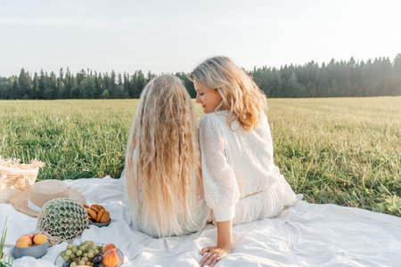 Mother and daughter on picnic in field.の写真素材
