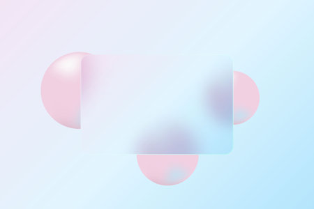 Abstract minimalistic background for a presentation slide in the style of glass morphism. Pink 3d spheres on a blue background. Suitable for technology or business.のイラスト素材