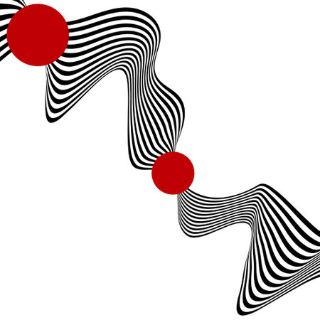 Abstract background of black and white wavy stripes with red circles on a white background. Illusion.のイラスト素材