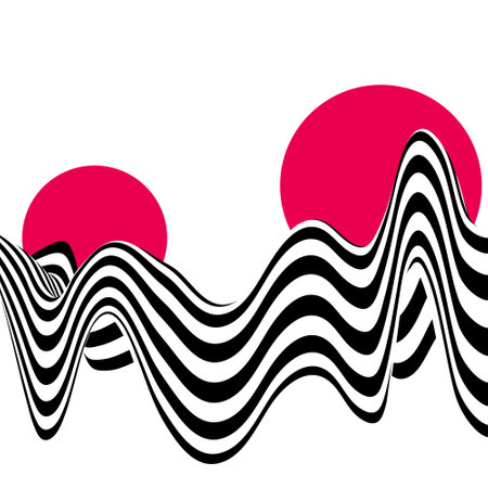 Abstract black and white wave on a background of pink circles.のイラスト素材