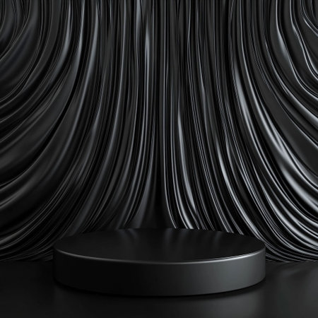 Glossy black podium against a backdrop of elegant vertical drapes for product presentation.の素材