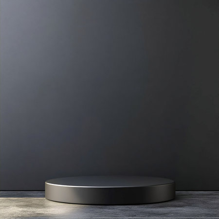 Minimalist Black Round Pedestal Against Dark Background.の素材