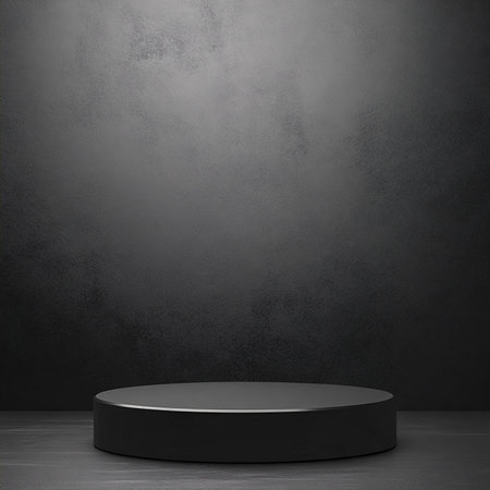 Minimalist Round Black Pedestal on Textured Dark Background.の素材