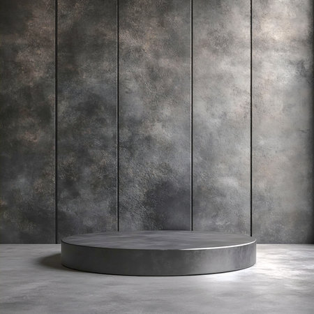 Minimalist Round Dark Pedestal Against Textured Gray Wall.の素材