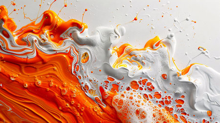 Abstract wave of white and orange paint with bubble textureの素材