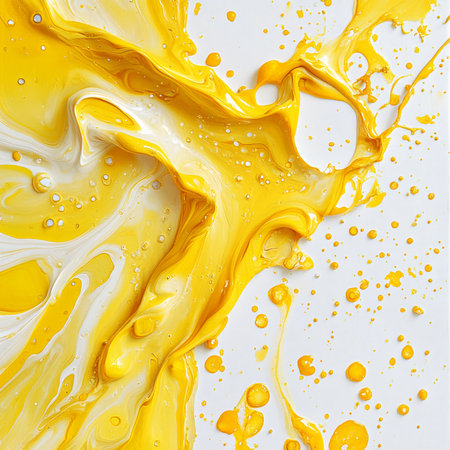 Abstract art with yellow paint strokes on white backgroundの素材