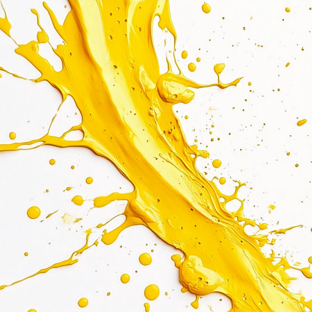 Vivid Yellow Paint Stroke with Splashes on White Backgroundの素材