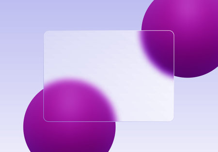 Rectangular frosted glass partially overlapping large purple volumetric spheres.