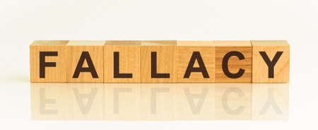 Wooden Blocks with the text: FALLACY. The text is written in black letters and is reflected in the mirror surface of the table. New business relaunch startup concept. the word of FALLACY on building blocks conceptの写真素材