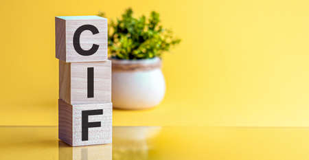 CIF abbreviation stands for Cost Insurance Freight acronym on wooden cubes on yellow backround. Business concept.の写真素材