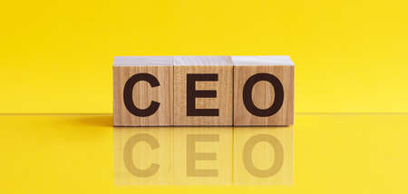 CEO word made of wooden cubes on a yellow background with copy space, business concept.の写真素材