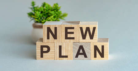 NEW PLAN motivation text on wooden blocks business concept white background. Front view concepts, flower in the background.の写真素材