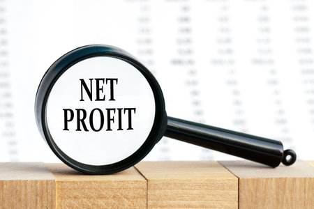 Looking through a magnifying glass at the word NET PROFIT, a business concept. Magnifying glass on the background of columns of numbers.の写真素材