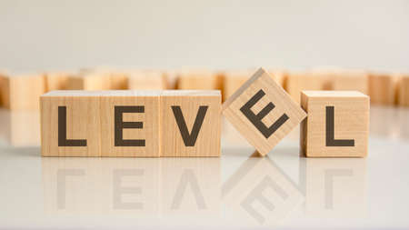 level - word of wooden blocks with letters on a gray background. Reflection of the caption on the mirrored surface of the table. selective focus.の写真素材